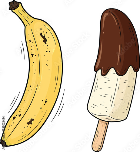 Illustration of a ripe banana with brown spots and a banana popsicle dipped in chocolate on a stick.