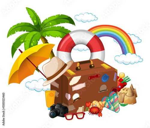 Vacation Essentials: A colorful illustration depicts a travel suitcase packed with holiday essentials, including a hat, sunglasses, and camera.