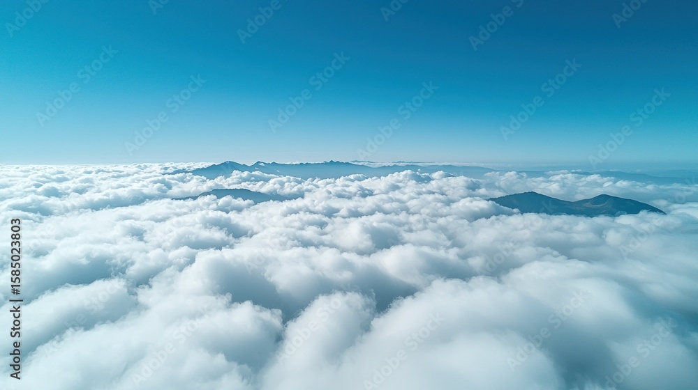 Naklejka premium High-altitude view of a vast expanse of white clouds, with mountain ranges visible through and beyond them. A clear, vibrant blue sky fills the upper portion of the image