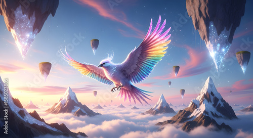 Magical Rainbow Bird Flying Over Fantasy Mountains and Floating Islands at Sunset