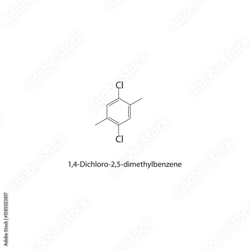 1,4-Dichloro-2,5-dimethylbenzene skeletal structure. halogen benzene compound schematic illustration. Simple diagram, chemical formula.