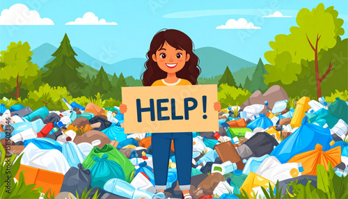 A young woman stands amidst trash, holding a sign requesting help.