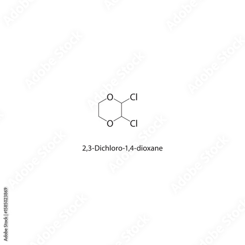 2,3-Dichloro-1,4-dioxane skeletal structure. halogen ether compound schematic illustration. Simple diagram, chemical formula.