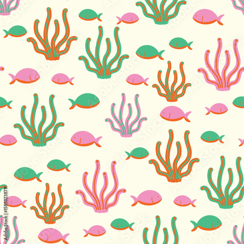 Coral and fish reef vector seamless pattern design