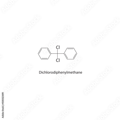 Dichlorodiphenylmethane skeletal structure. halogen hydrocarbon compound schematic illustration. Simple diagram, chemical formula.