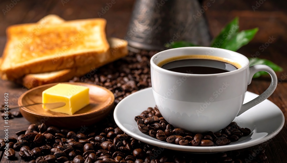 Fototapeta premium Fresh Costa Rican coffee and toast, warm mood shot