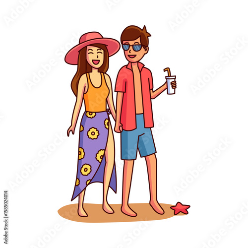 Happy Couple Beach Vacation: A cheerful couple, hand-in-hand, enjoying a summer beach vacation. The woman wears a vibrant maxi skirt and sun hat; the man sports sunglasses and a red shirt.
