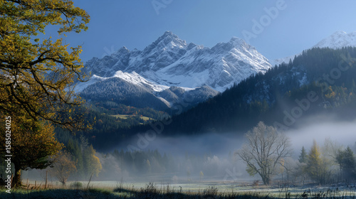 Misty Mountain Majesty: A majestic snow-capped mountain range rises majestically above a valley shrouded in mist, with autumnal trees framing the scene.