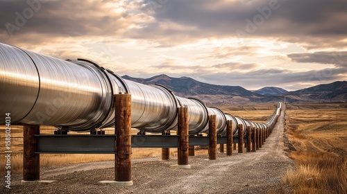 Desert oil pipeline stretching to horizon with heat waves rising off surface