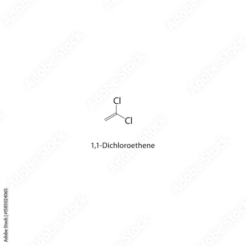 1,1-Dichloroethene skeletal structure. halogen alkene compound schematic illustration. Simple diagram, chemical formula.