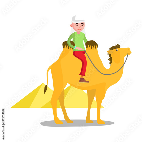 Desert Journey: A vibrant illustration captures a person's journey riding a camel across a desert landscape, the iconic pyramids adding a touch of mystery and wonder to the scene. 