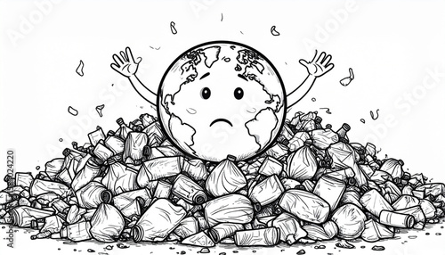 A distressed Earth figure is overwhelmed by a massive pile of trash, expressing concern.