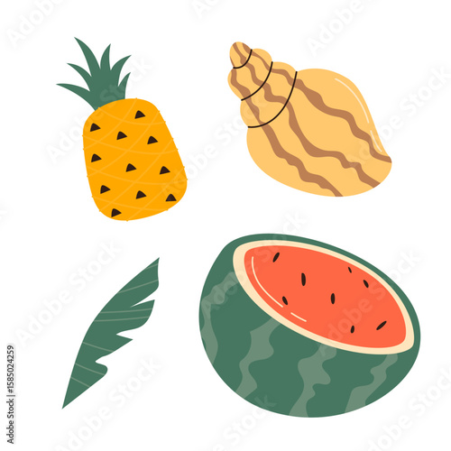 Summer Freshness Set: An artful assembly of summer icons—pineapple, seashell, leaf, and watermelon—depicted in a refreshing palette that brings the vibrancy of vacation to your creative canvas.
