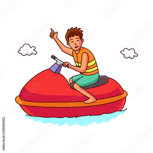 Jetski Joyride: A young person enthusiastically pilots a vibrant jetski, relishing the exhilaration of a sunny water adventure and capturing the thrill of watersports.