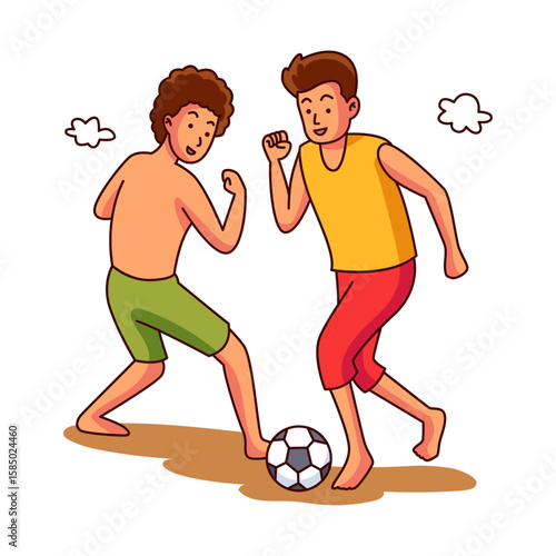 Soccer Play: Two friends enjoy a friendly game of soccer on a bright, sunny day. Capturing the joy of sport and the bond of friendship, with dynamic poses and bold outlines.