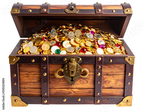 A - “Open Wooden Pirate Chest Overflowing with Gold Coins and Gems, Front View, Transparent Background
