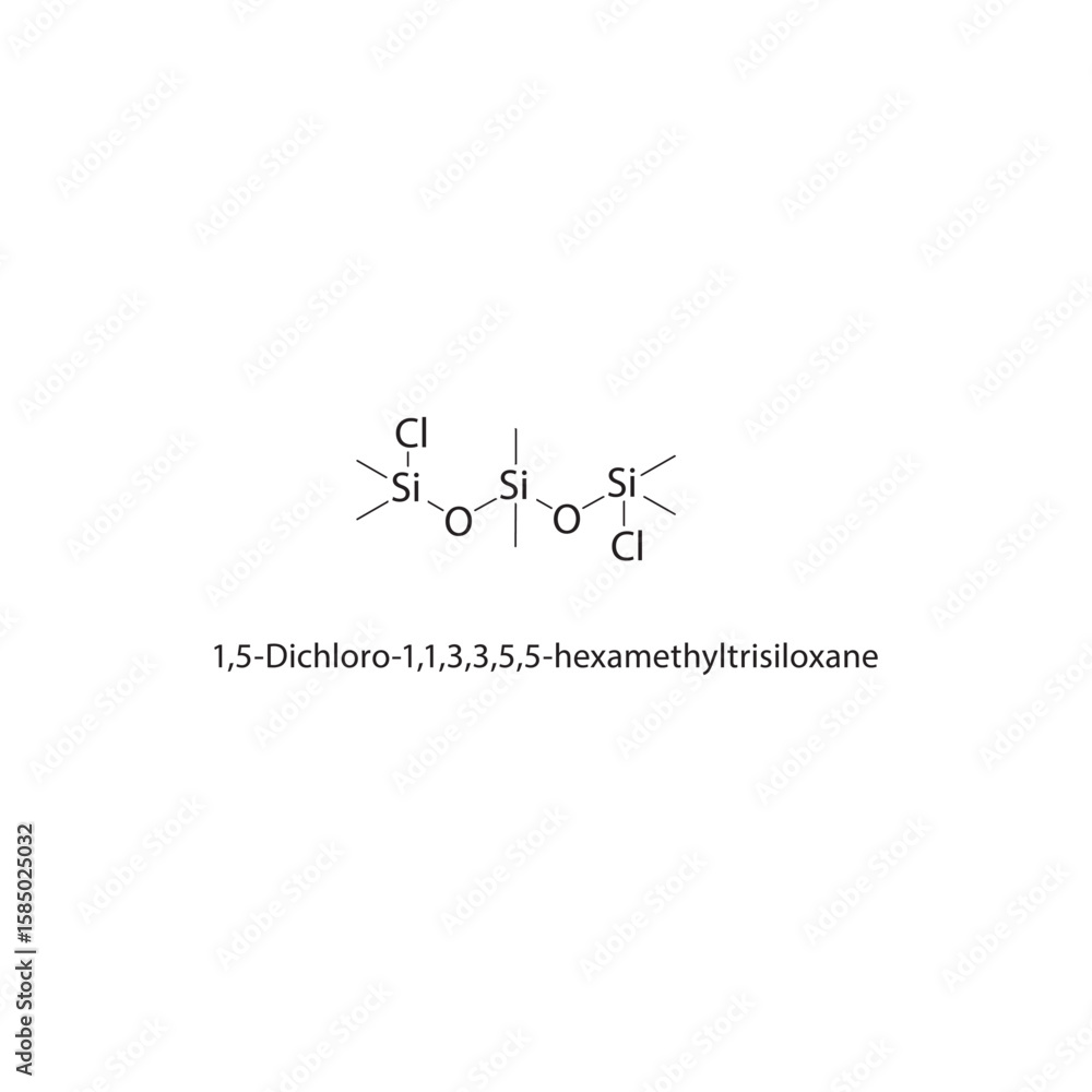 Fototapeta premium 1,5-Dichloro-1,1,3,3,5,5-hexamethyltrisiloxane skeletal structure. siloxane compound compound schematic illustration. Simple diagram, chemical formula.