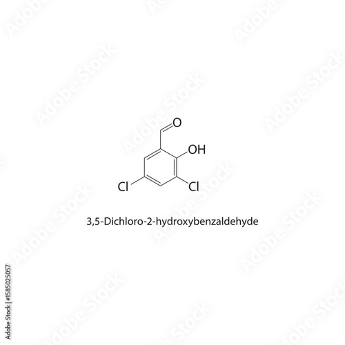 3,5-Dichloro-2-hydroxybenzaldehyde skeletal structure. halogen aldehyde compound schematic illustration. Simple diagram, chemical formula.