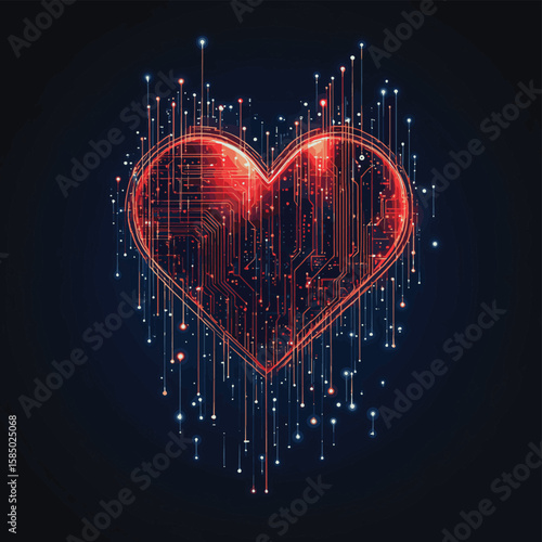 Digital heart and circuit board connection symbolizes AI emotion or health tech, vector illustration, vector style simple color