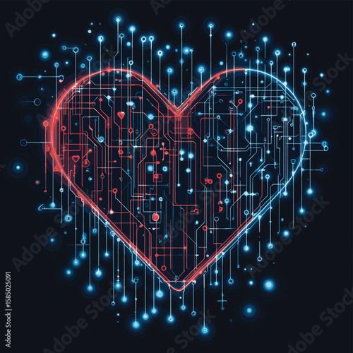 Digital heart and circuit board connection symbolizes AI emotion or health tech, vector illustration, vector style simple color