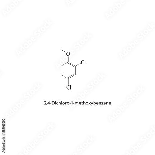 2,4-Dichloro-1-methoxybenzene skeletal structure. halogen benzene compound schematic illustration. Simple diagram, chemical formula.