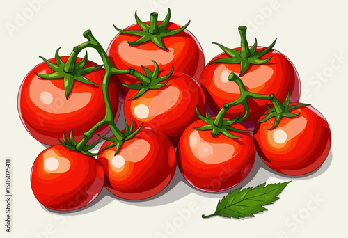 Fresh red tomatoes with green stems on beige background  