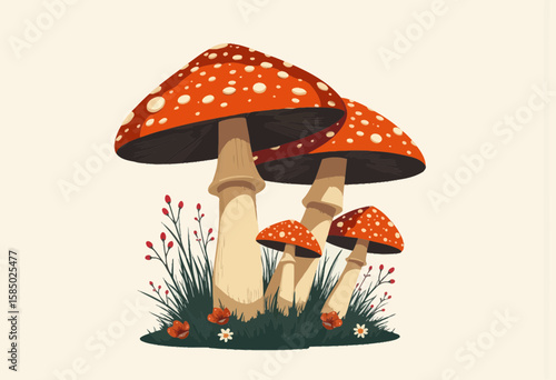 Red spotted mushrooms growing in grass on a light background  