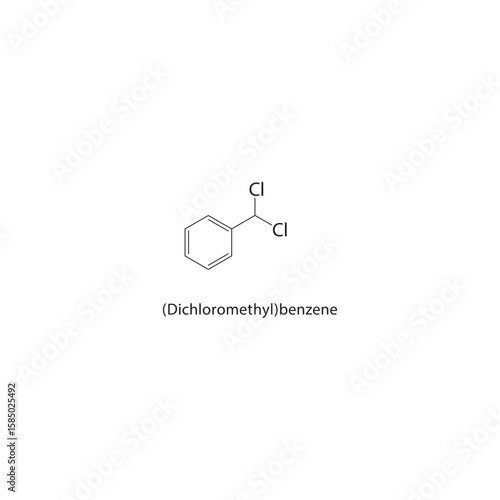 (Dichloromethyl)benzene skeletal structure. halogen benzene compound schematic illustration. Simple diagram, chemical formula.