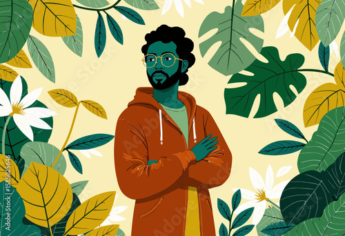 Young man standing with arms crossed among tropical leaves  