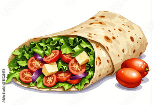 Fresh vegetable wrap with lettuce, tomatoes, and cheese on white background  