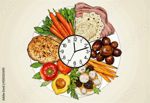 Food arranged in circular plate with clock showing mealtime  