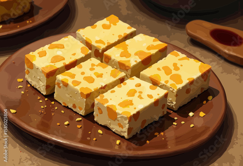 Traditional dessert blocks with orange bits on a wooden plate  