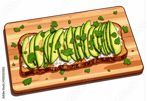 Avocado toast with slices of avocado and herbs on wooden cutting board  