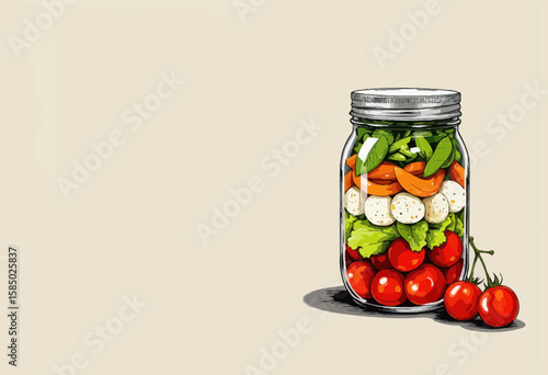 Fresh vegetables layered in a jar on a neutral background  