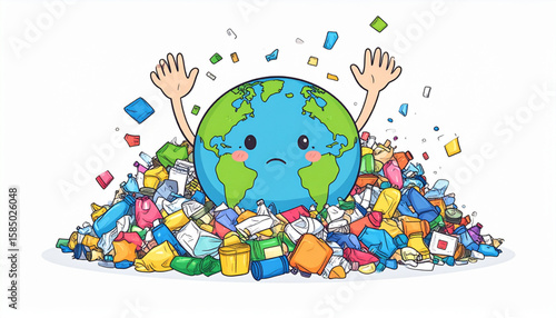 A distressed cartoon Earth overwhelmed by a massive pile of plastic and garbage.