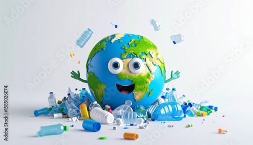 A smiling Earth character surrounded by plastic waste, highlighting pollution concerns.