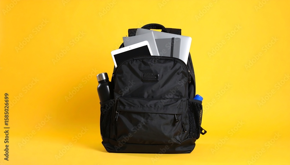 Fototapeta premium Black backpack filled with tech items against a bright yellow background