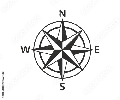 Simple Black and White Compass Rose with Cardinal Directions Illustration