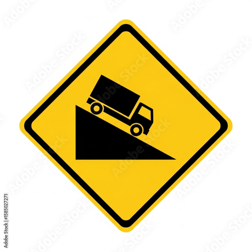 Steep downhill slope ahead; caution advised for trucks and vehicles.