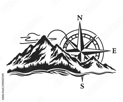 Black and White Mountain Range with Compass Rose Illustration