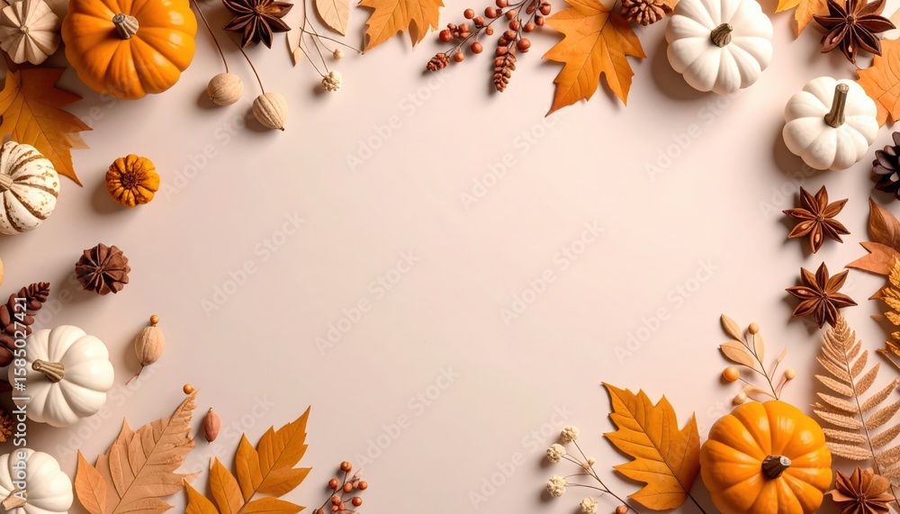 Fototapeta premium Autumn harvest festival decorations cozy home decorative arrangement warm environment top view seasonal celebration