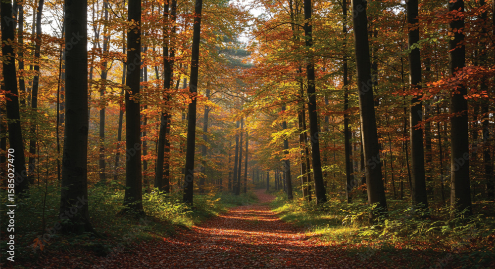 Fototapeta premium Autumn forest with sunlight streaming through colorful trees