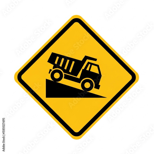 A yellow warning sign depicting a truck descending a steep hill.