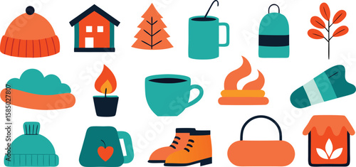 Vector art of a charming set of winter icons with a christmas tree, warm beanie, and cozy house isolated on transparent background.