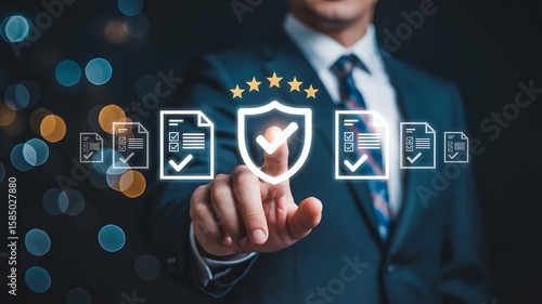 Businessman touching a digital interface showing quality assurance and compliance checks