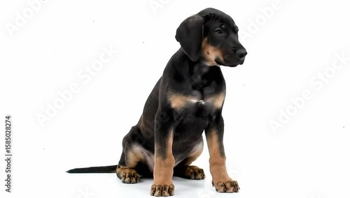 Cute puppy sitting and reacting to commands, isolated on white background