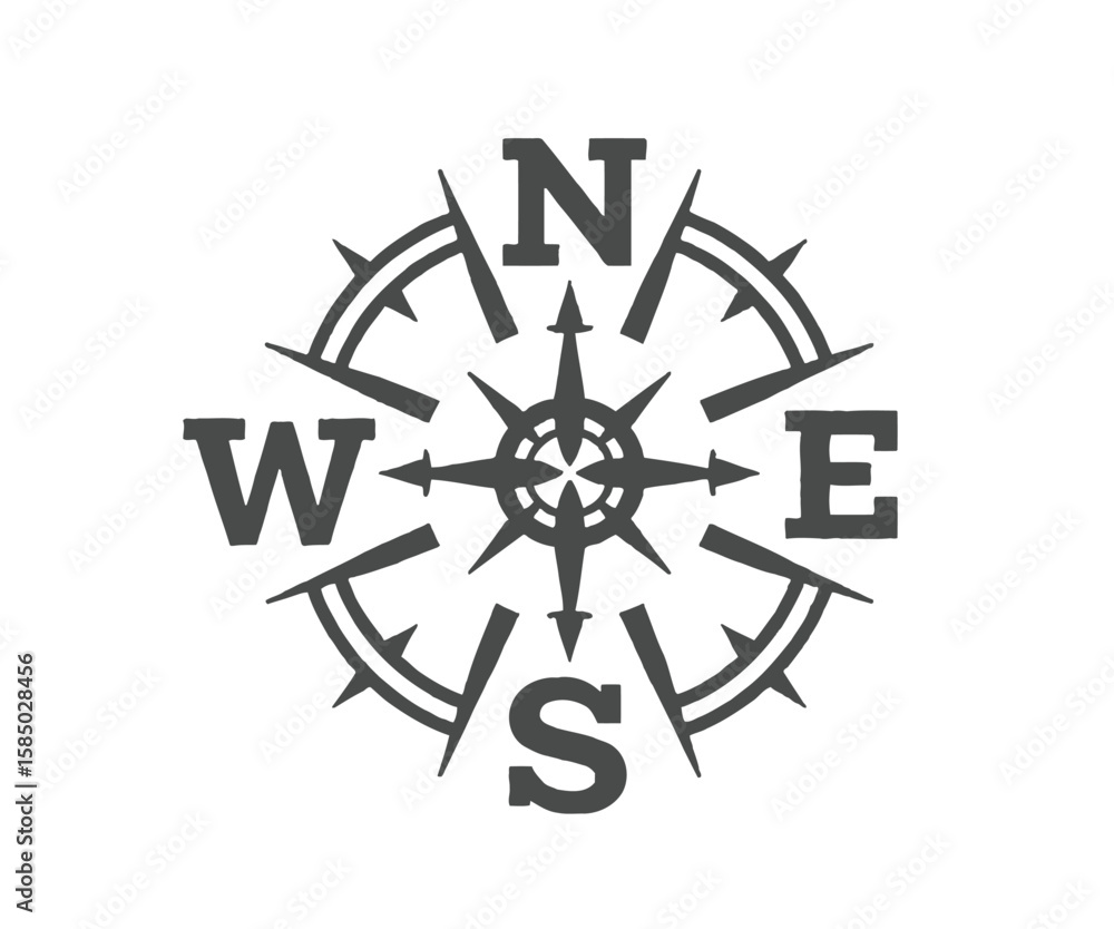 Detailed Compass Rose Illustration with North South East and West Markings Detailed Compass Rose Illustration with North South East and West Markings