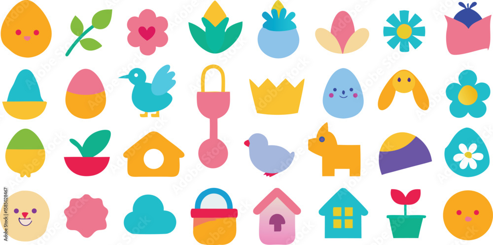 Obraz premium Vector art of a cheerful collection of easter icons with decorated eggs, cute bunnies, and spring flowers isolated on transparent background.