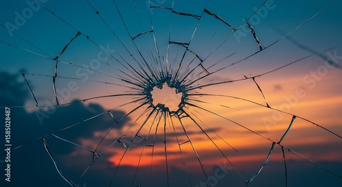 Sunset View Through Broken Glass Window Creating Abstract Pattern variation 3