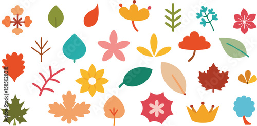 Vector art of a vibrant collection of colorful autumn leaves and floral elements isolated on transparent background.
